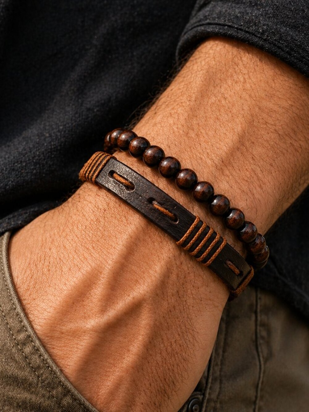 Mens Leather Bracelet Set Brown Beaded Wood Stack Adjustable Wristband boho